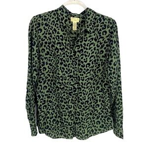Midnight Sky Women's Green & Black Leopard Print Button-Down Shirt size Small